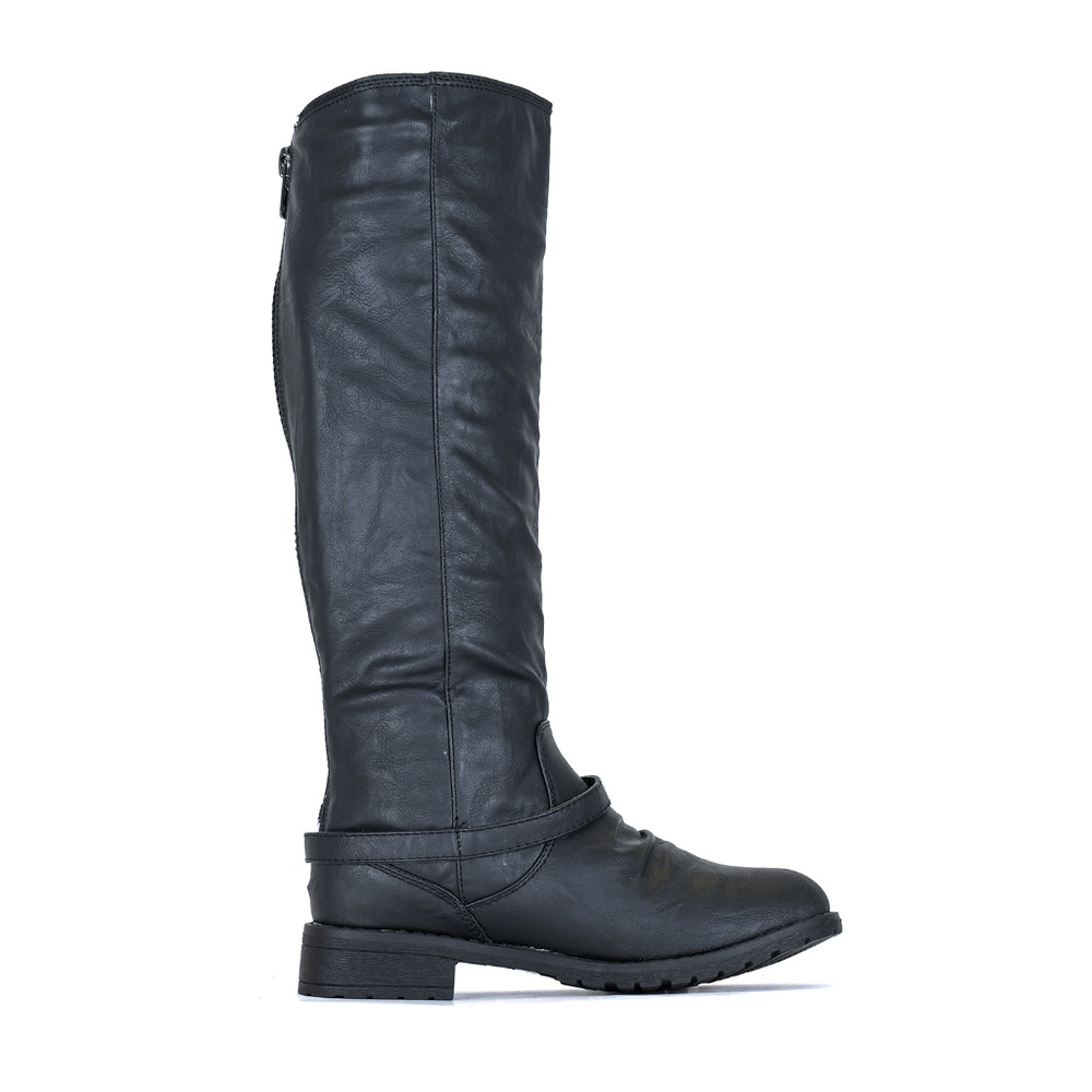 Black Combat Military Buckle Knee High Boot Reba - Picture 2 of 3